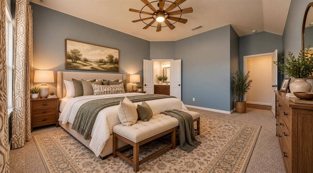 1021 Flagstone Drive, Weatherford, TX 76085 Vaulted ceilings with a multi-blade chandelier ceiling fan and wall-to-wall carpeting