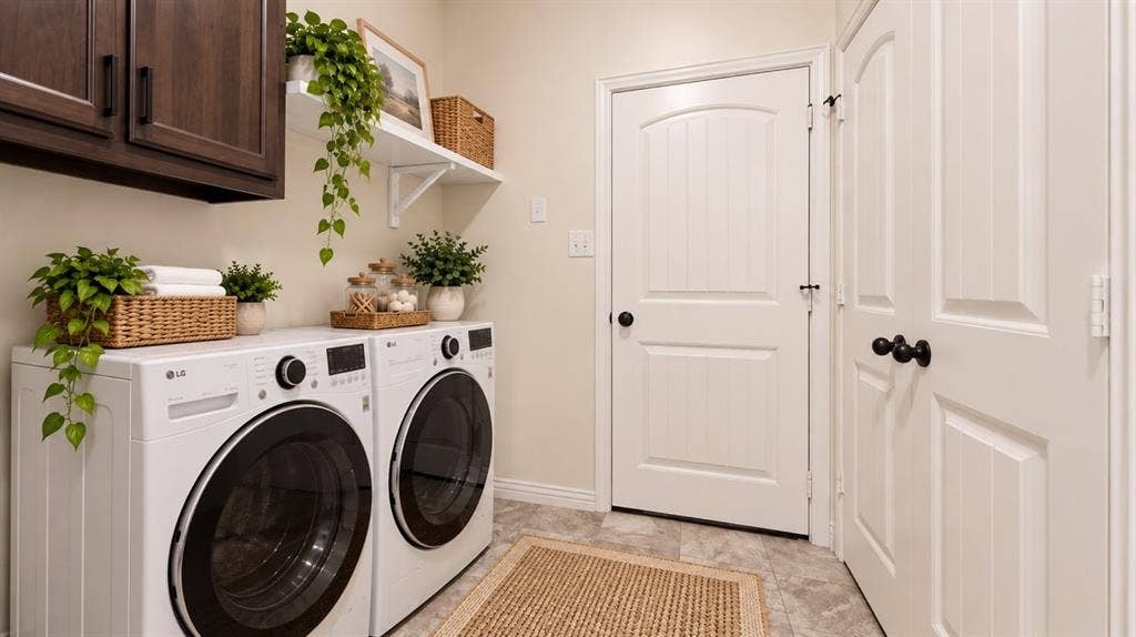 1021 Flagstone Drive, Weatherford, TX 76085 Laundry area featuring dark wood-finish wall cabinetry, a wall-mounted floating shelf, tile flooring, and two interior doors with matte black hardware
