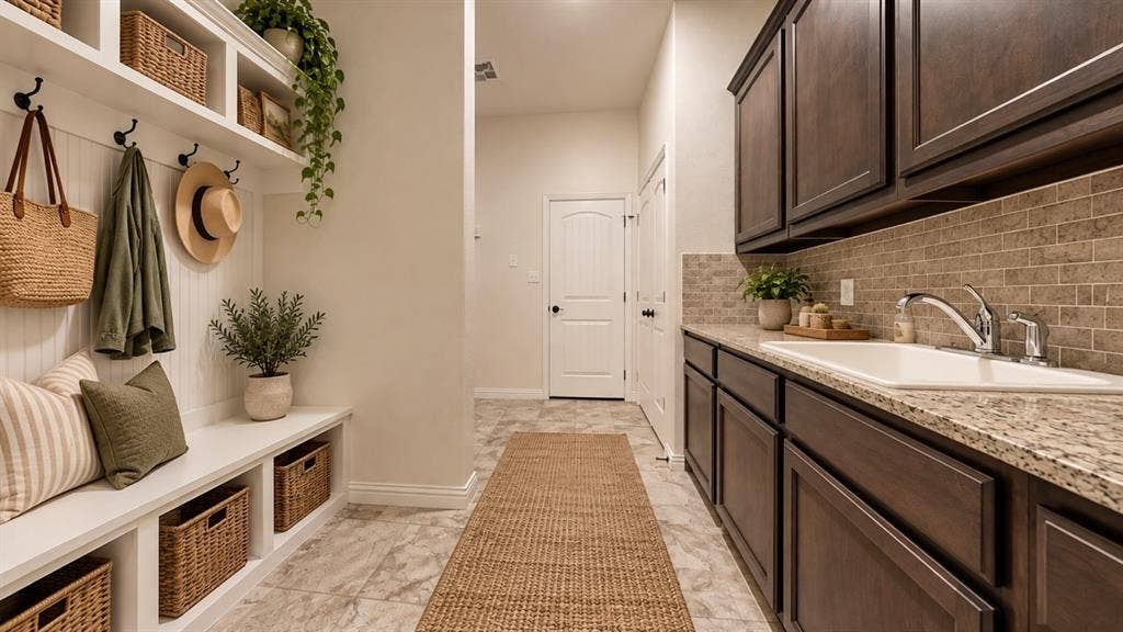 1021 Flagstone Drive, Weatherford, TX 76085 Built-in mudroom bench with beadboard wall paneling and overhead shelving, dark-finish cabinetry, stone-texture countertop, under-mount sink, and tile flooring