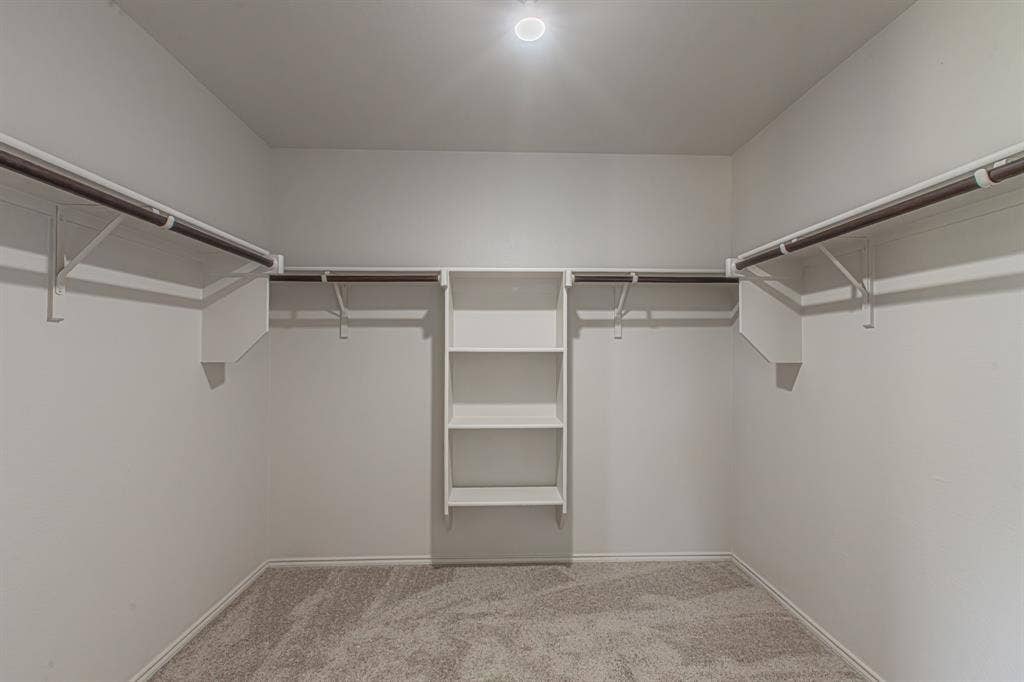 Walk-in closet featuring built-in shelving, dual hanging rods, and neutral-toned carpeting