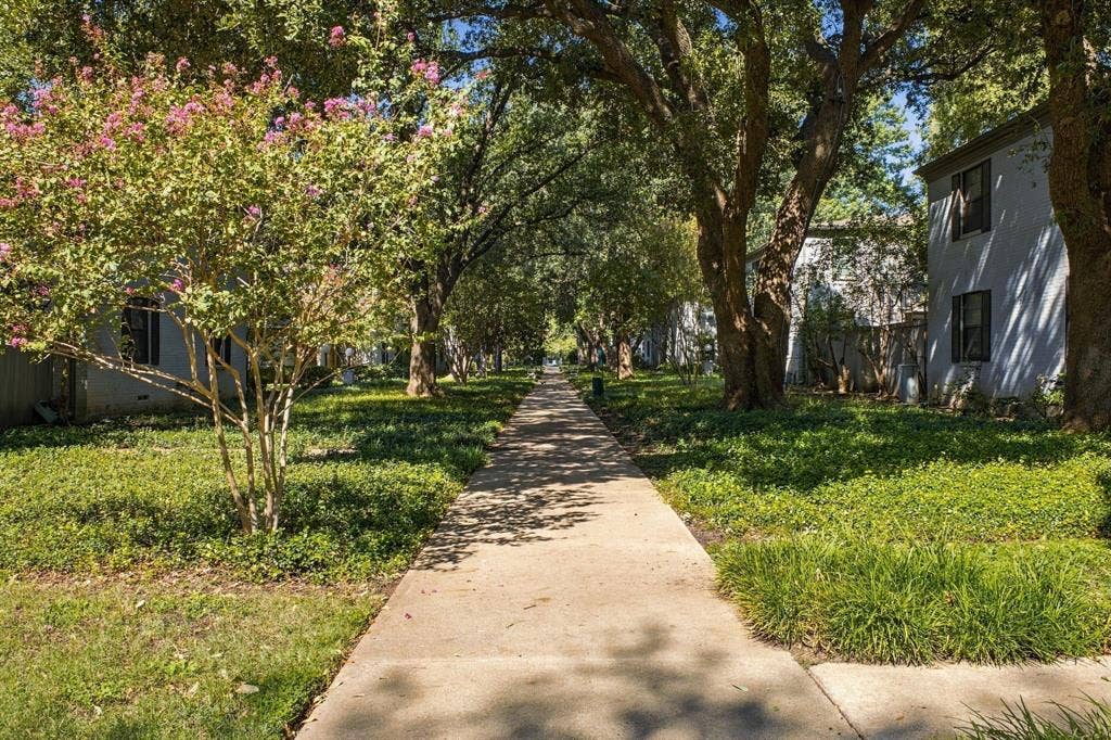 4904 Lahoma Street, #4904, Dallas, TX 75235 Concrete walkway lined with mature trees, established landscaping, and ornamental flowering shrubs