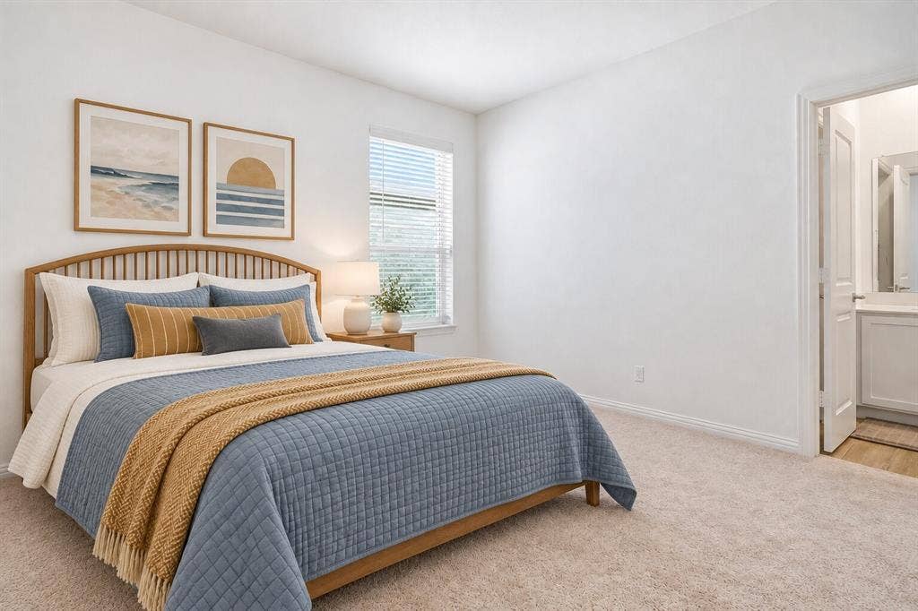 317 Red Cedar Drive, Princeton, TX 75407 Secondary bedroom with en suite bathroom; Photo has been digitally enhanced and/or virtually staged using AI.