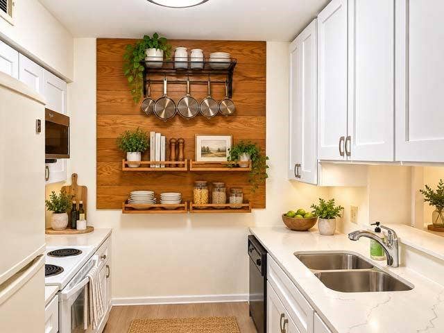 11450 Audelia Road, #104, Dallas, TX 75243 Staged Kitchen featuring white shaker-style cabinetry, quartz countertops, dual-basin stainless steel sink, wood-finish wall paneling, and mounted wooden shelving