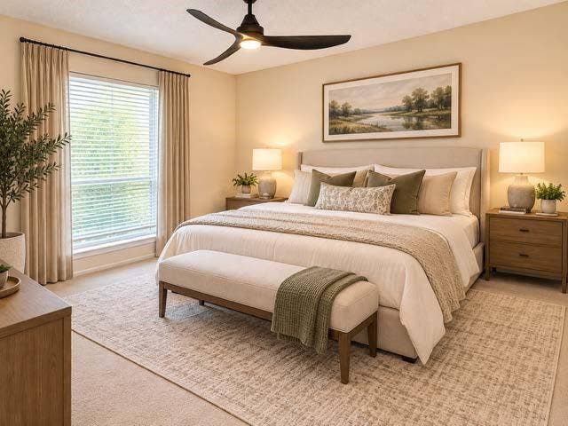 11450 Audelia Road, #104, Dallas, TX 75243 Staged Neutral-toned room featuring a matte black three-blade ceiling fan, wall-to-wall carpeting, and a large window with floor-to-ceiling curtain hardware