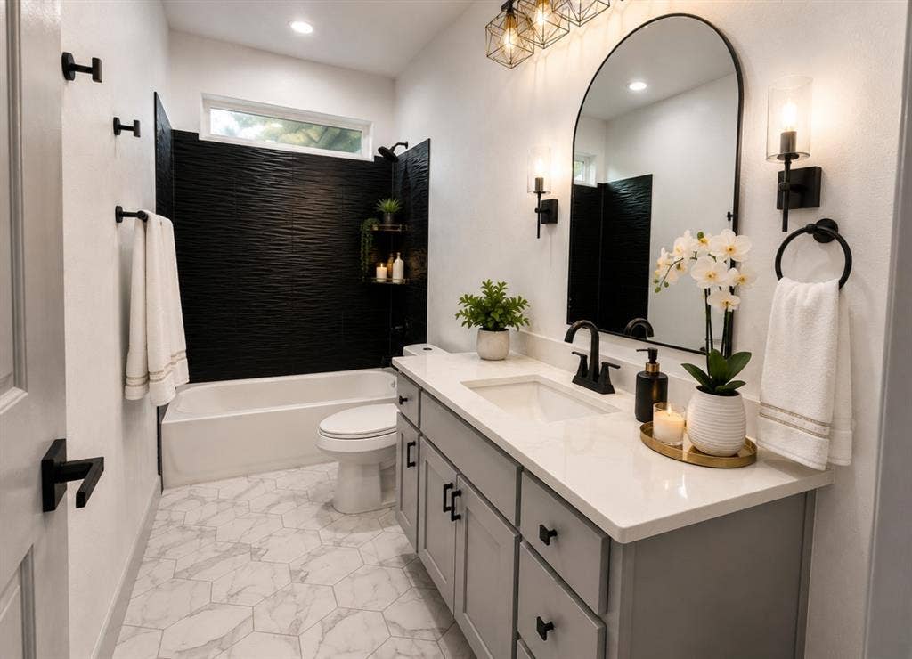 Bathroom featuring a gray vanity with a stone countertop, an arched mirror, matte black fixtures, and a tub enclosure with textured black wall tile