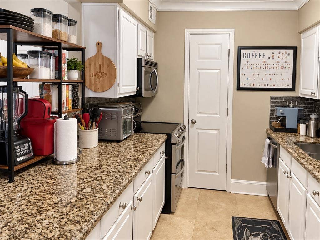 7730 Meadow Park Drive, #222, Dallas, TX 75230 Kitchen featuring white shaker-style cabinetry, stone-finish countertops, stainless steel appliances, and dark tile backsplash