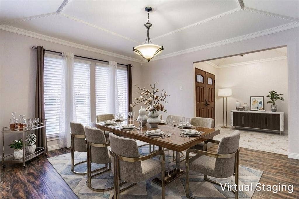 467 Harvest Glen Drive, Richardson, TX 75081 Dining area featuring trey ceilings with crown molding welcomes you as you enter this beautiful home in Richardson.