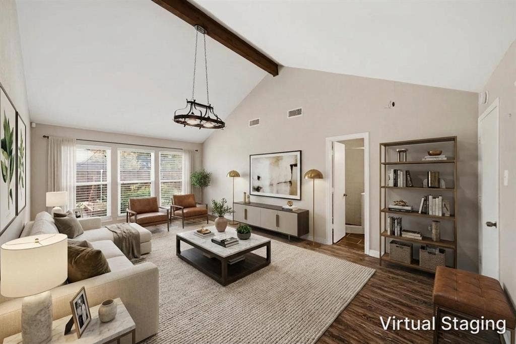 467 Harvest Glen Drive, Richardson, TX 75081 Virtually staged as living space. This room has walk in closet and ensuite. Vaulted ceilings with exposed wood beam, large windows with natural light.