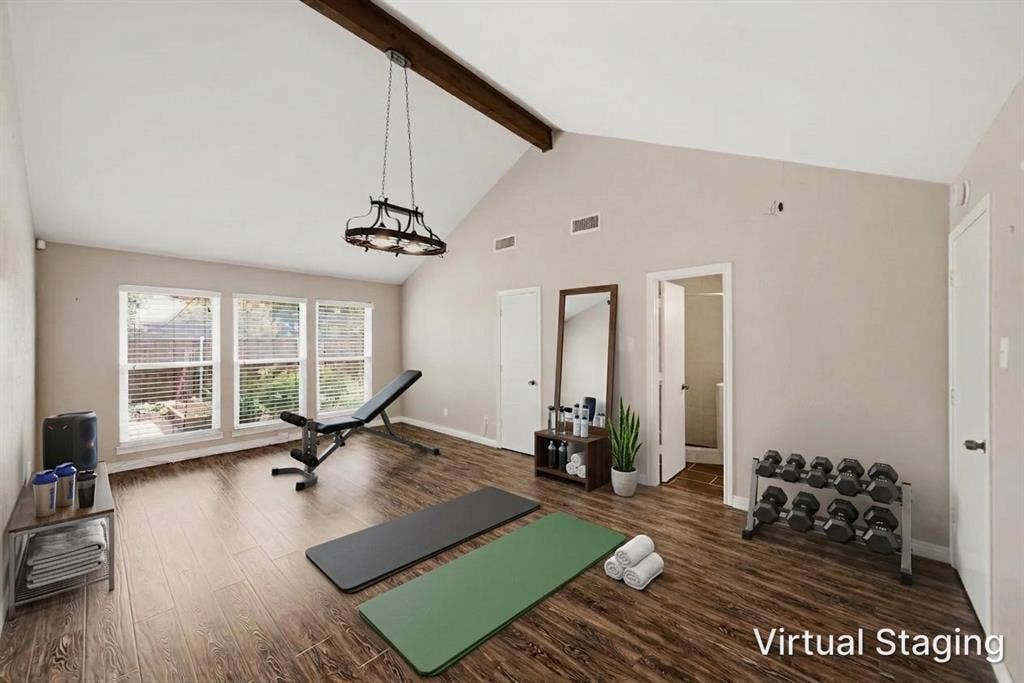 467 Harvest Glen Drive, Richardson, TX 75081 Vaulted ceiling featuring a dark wood-finish exposed beam. Lots of uses for this space.