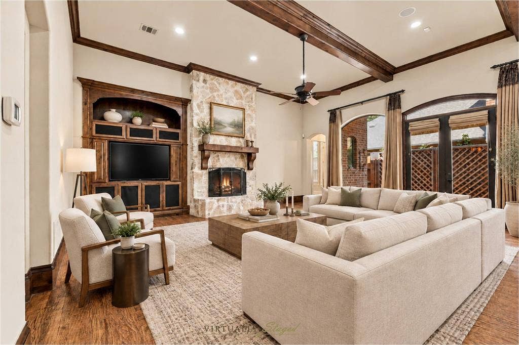 1561 Morris Lane, Frisco, TX 75034 Large Living Area With Fireplace, Built-Ins, Beamed Ceiling, And Access To The Side Patio.