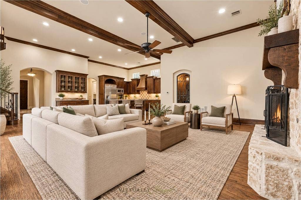 1561 Morris Lane, Frisco, TX 75034 Large Living Area With Fireplace, Built-Ins, Beamed Ceiling, And Access To The Side Patio.