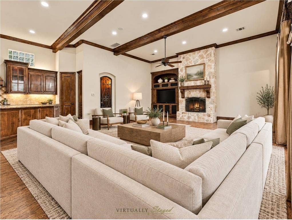 1561 Morris Lane, Frisco, TX 75034 Large Living Area With Fireplace, Built-Ins, Beamed Ceiling, And Access To The Side Patio.
