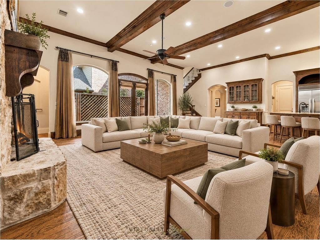 1561 Morris Lane, Frisco, TX 75034 Large Living Area With Fireplace, Built-Ins, Beamed Ceiling, And Access To The Side Patio.