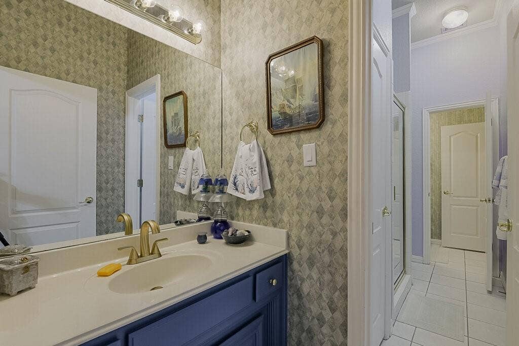 This bathroom is just off a bedroom.
