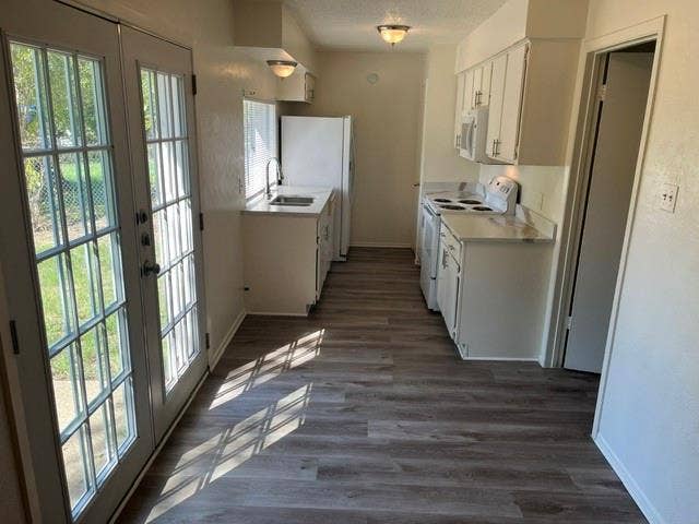 1236 Neptune Drive, Cedar Hill, TX 75104 Kitchen featuring wood-finish flooring, white cabinetry, integrated appliances, and double French doors with glass panes