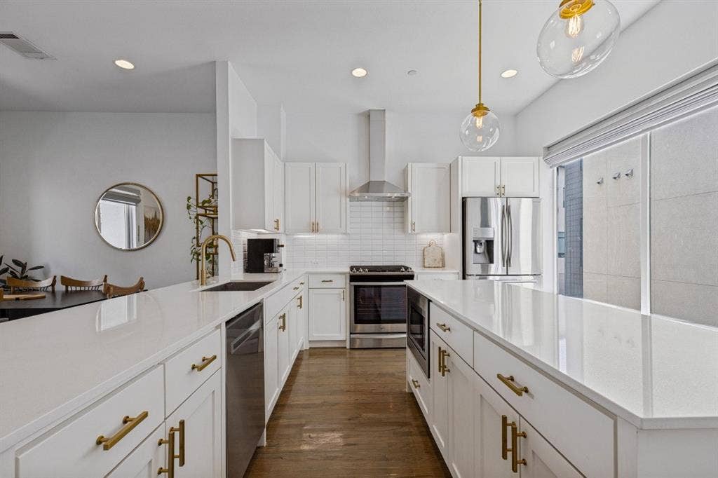 2107 Bennett Avenue, #20, Dallas, TX 75206 Kitchen featuring white shaker-style cabinetry, solid-surface countertops, wood-finish flooring, a stainless steel range with chimney-style hood, and pendant lighting