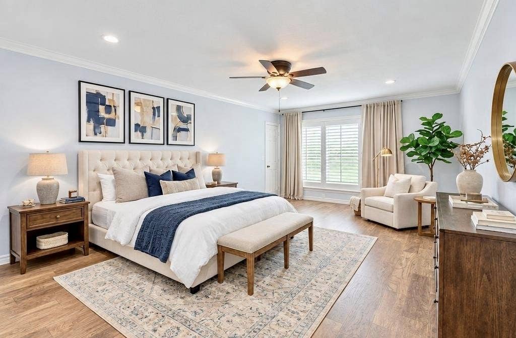 8629 Edgemere Road, #13, Dallas, TX 75225 Spacious room featuring wood-finish flooring, recessed lighting, crown molding, a central ceiling fan, and plantation shutter window treatments