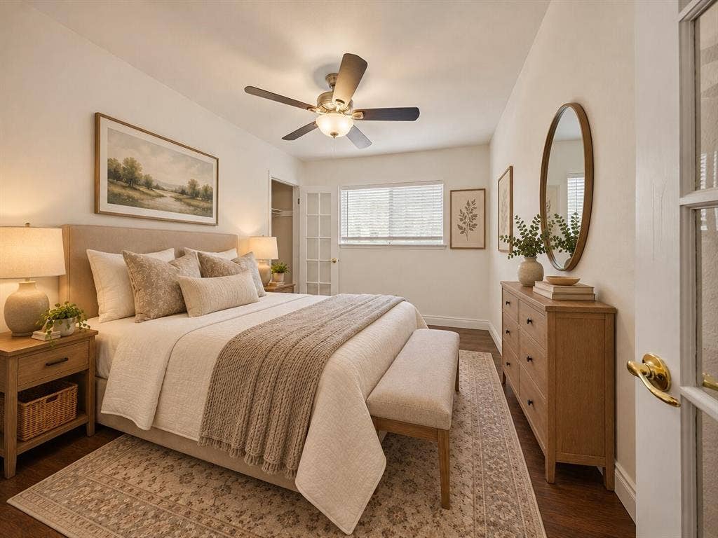 738 Intrepid Drive, Garland, TX 75043 Room featuring wood-finish flooring, a multi-blade ceiling fan with integrated lighting, a glass-paneled entry door, and a horizontal window with blinds