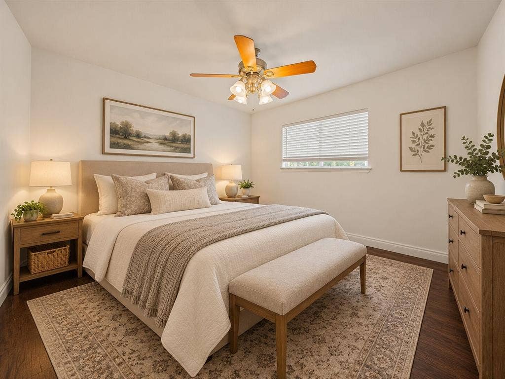 738 Intrepid Drive, Garland, TX 75043 Bedroom featuring dark wood-finish flooring, a multi-blade ceiling fan with integrated light fixture, and horizontal window blinds
