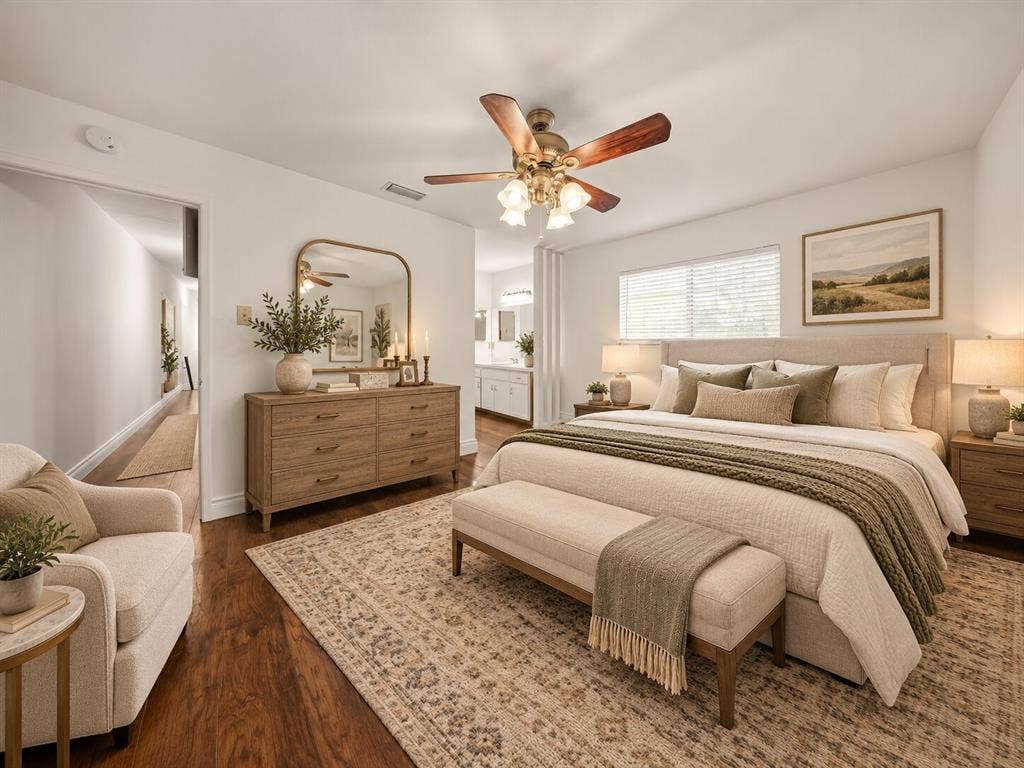 738 Intrepid Drive, Garland, TX 75043 Spacious room featuring wood-finish flooring, a ceiling fan with integrated lighting, and horizontal window blinds