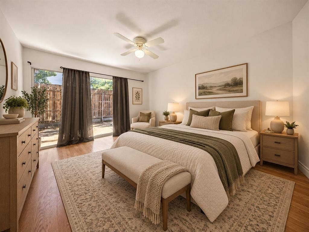 738 Intrepid Drive, Garland, TX 75043 Wood-finish flooring, sliding glass door, and a ceiling-mounted light fixture with fan blades
