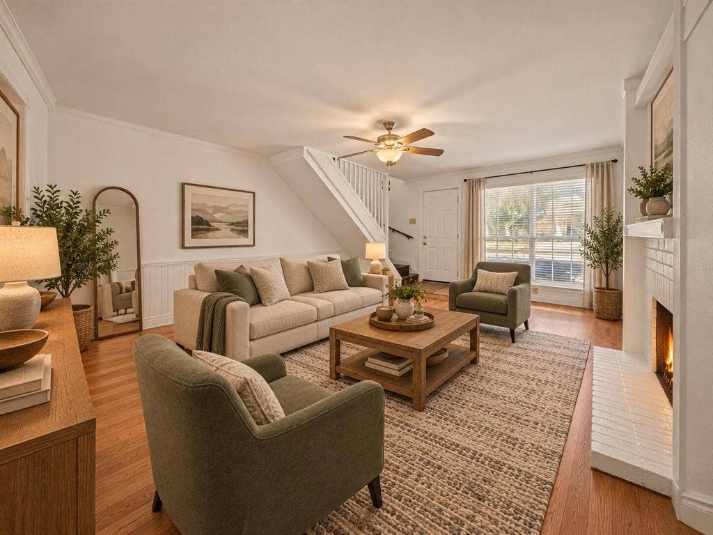 738 Intrepid Drive, Garland, TX 75043 Living area featuring wood-finish flooring, white wainscoting, a fireplace with a painted brick surround, and a ceiling fan with integrated lighting