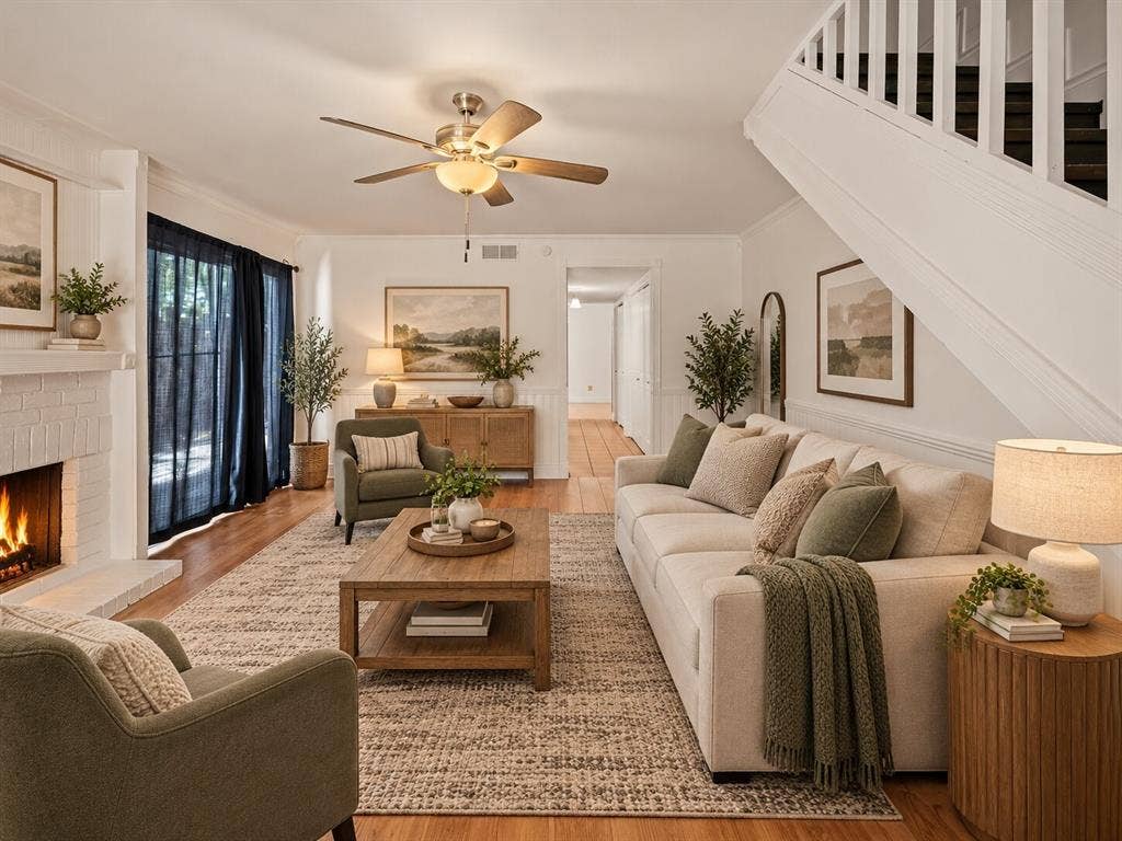 738 Intrepid Drive, Garland, TX 75043 Living area featuring wood-finish flooring, a painted brick fireplace, a central ceiling fan, and a staircase with a white balustrade