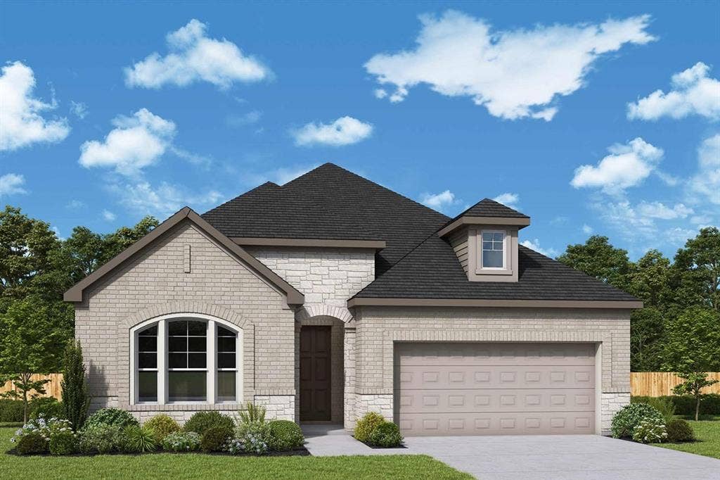 3290 Dexter Drive, Midlothian, TX 76065 Single-story brick and stone facade featuring an arched window, a roof dormer, and a multi-car garage