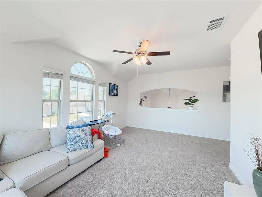 7400 Seton Place, McKinney, TX 75071 Vaulted ceilings with a central ceiling fan and light fixture, arch-topped windows, and a built-in recessed wall niche