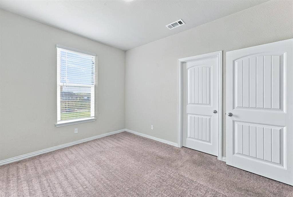 Neutral-toned interior room featuring textured carpeting, two white paneled doors, and a single-pane window with blinds