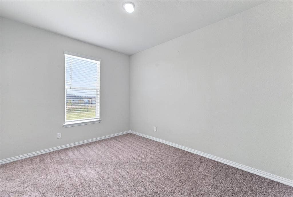 Neutral-toned interior room featuring wall-to-wall carpeting, a single-hung window with horizontal blinds, and a flush-mount ceiling light fixture