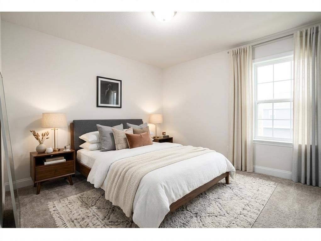 Bedroom3 featuring neutral wall paint, plush carpeting, a multi-pane window with grid detailing, and a flush-mount ceiling light