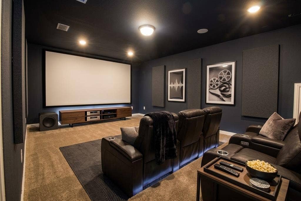Dedicated media room featuring a large projection screen, sound-absorbing wall panels, recessed lighting, and integrated ceiling speakers