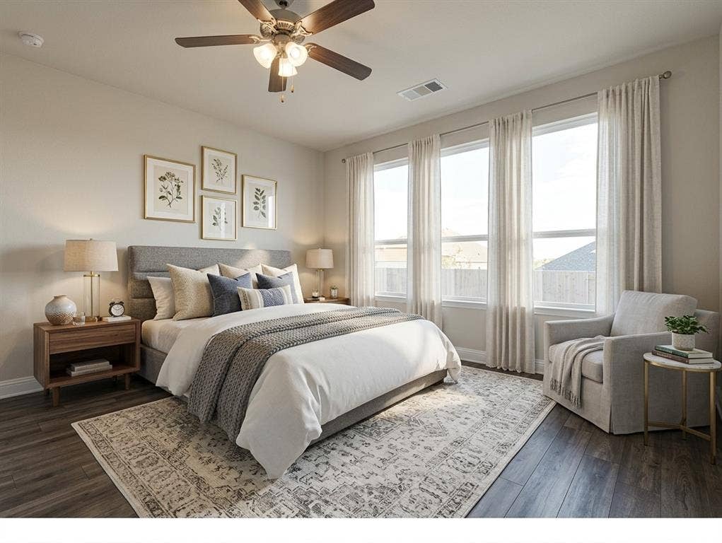 Neutral interior featuring wood-finish flooring, a multi-blade ceiling fan with integrated lighting, and a series of large windows