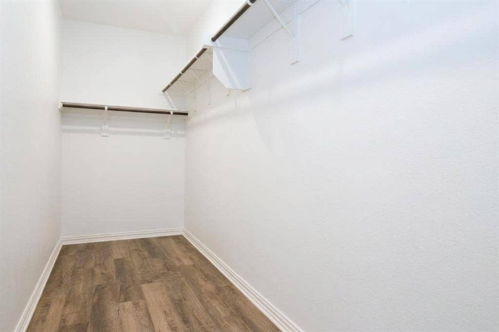 spacious Walk-in closet in primary bathroom featuring wood-finish flooring and tiered wall-mounted shelving with integrated hanging rods