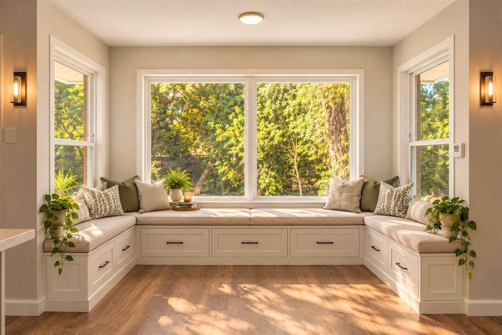 Sunlit U-shaped window seat nook