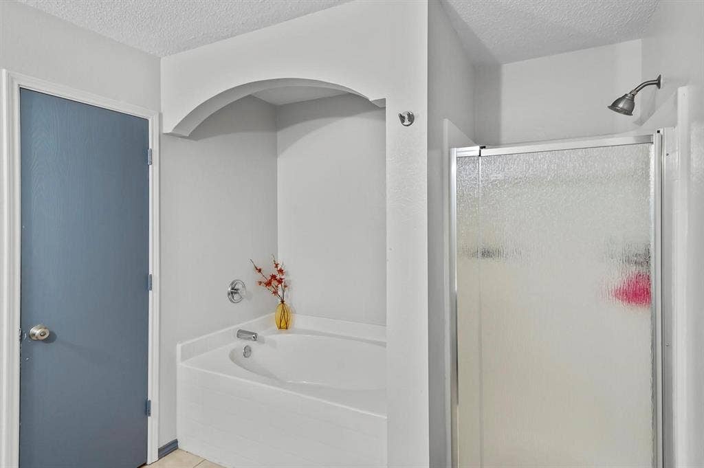 600 Claiborn Lane, Wylie, TX 75098 Built-in soaking tub with a surrounding arched alcove, separate stall shower with a metallic frame, and a solid-core interior door