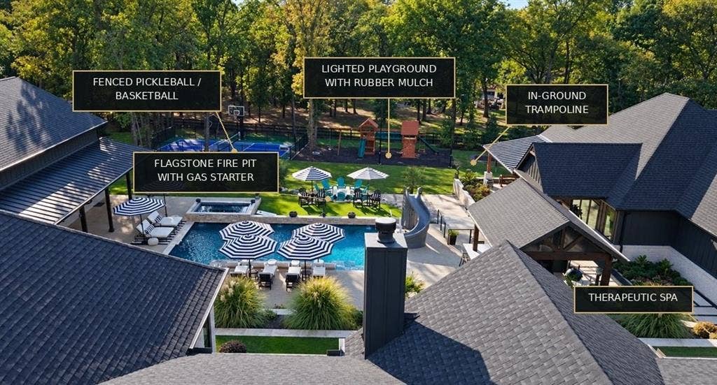 104 Oakbend Trail, Mabank, TX 75147 An entertainer's dream with a resort-style pool, outdoor kitchen, putting green, pickleball-basketball court, playground, and multiple gathering spaces.