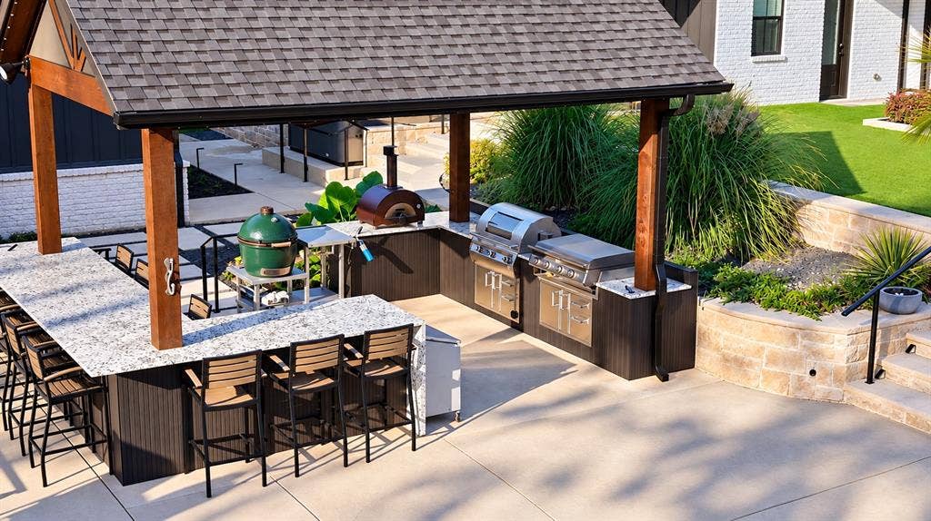104 Oakbend Trail, Mabank, TX 75147 Fully equipped outdoor kitchen with Alfa pizza oven, Blackstone griddle, gas grill, beverage refrigerator, and under-bar lighting. Barstools convey with the property.