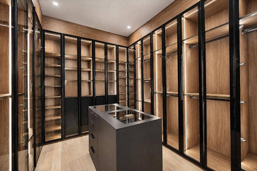 Getting dressed feels like a luxury boutique experience with glass-front closets, warm integrated lighting, and a center island
