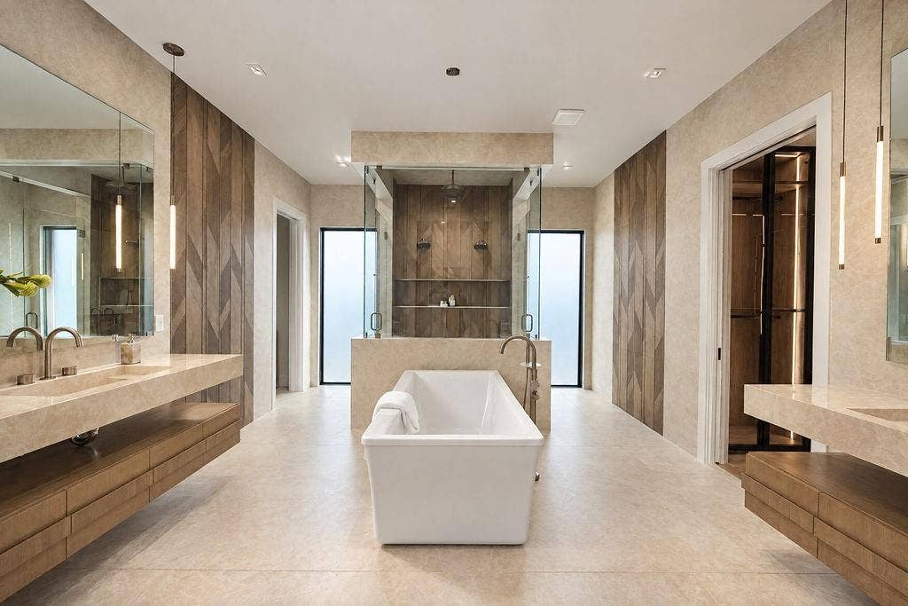 Soak away stress in the freestanding tub framed by seamless porcelain slab walls, dimensional tile, and warm wood vanities