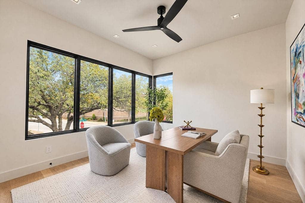 Create a peaceful remote workspace or a quiet nursery in this versatile room overlooking the yard