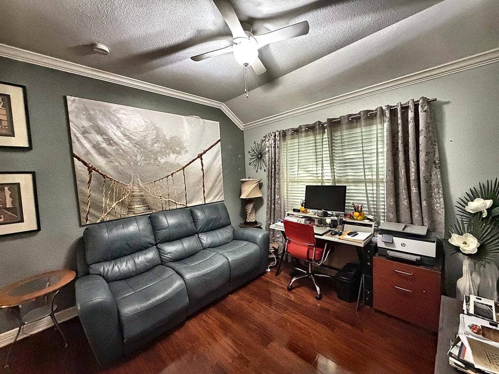 416 Wooded Creek Avenue, Wylie, TX 75098 Vaulted ceilings, wood-finish flooring, and a ceiling fan with integrated lighting
