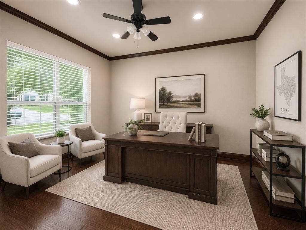13812 Nash Lane, Frisco, TX 75035 Rich wood-finish flooring with complementary dark crown molding and baseboards