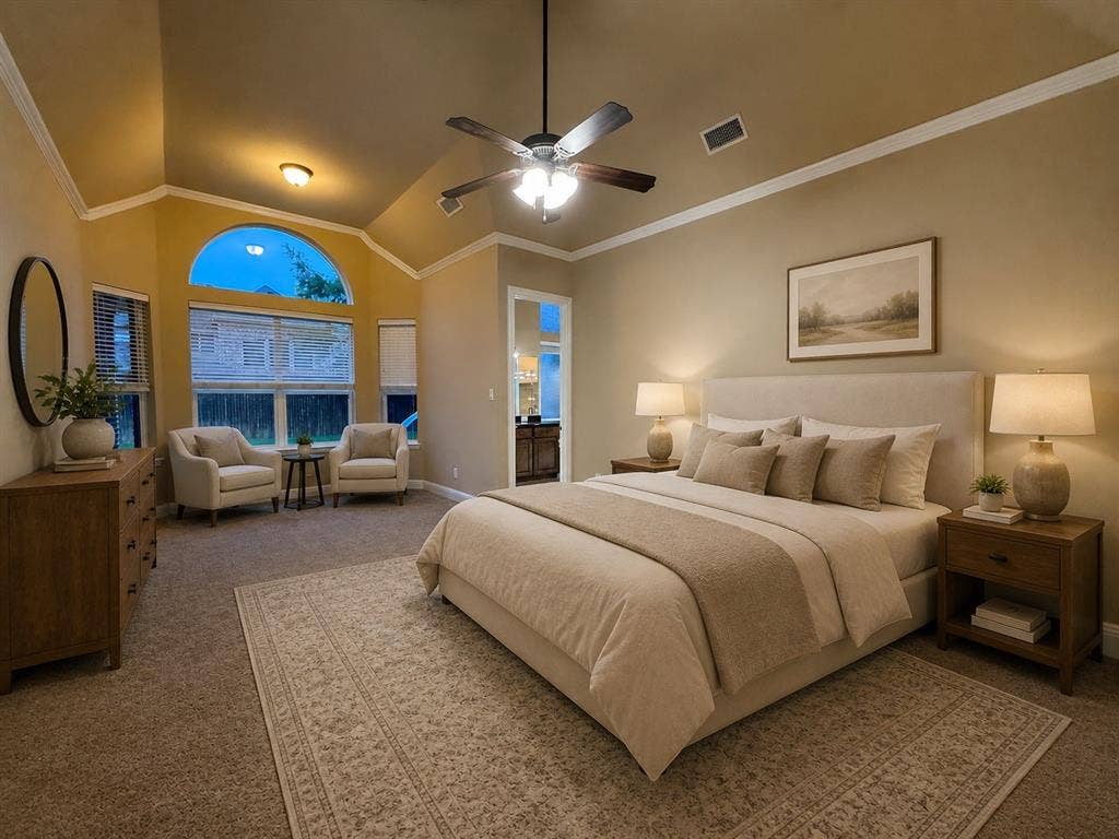 13812 Nash Lane, Frisco, TX 75035 Vaulted ceiling with crown molding, ceiling fan, and recessed lighting