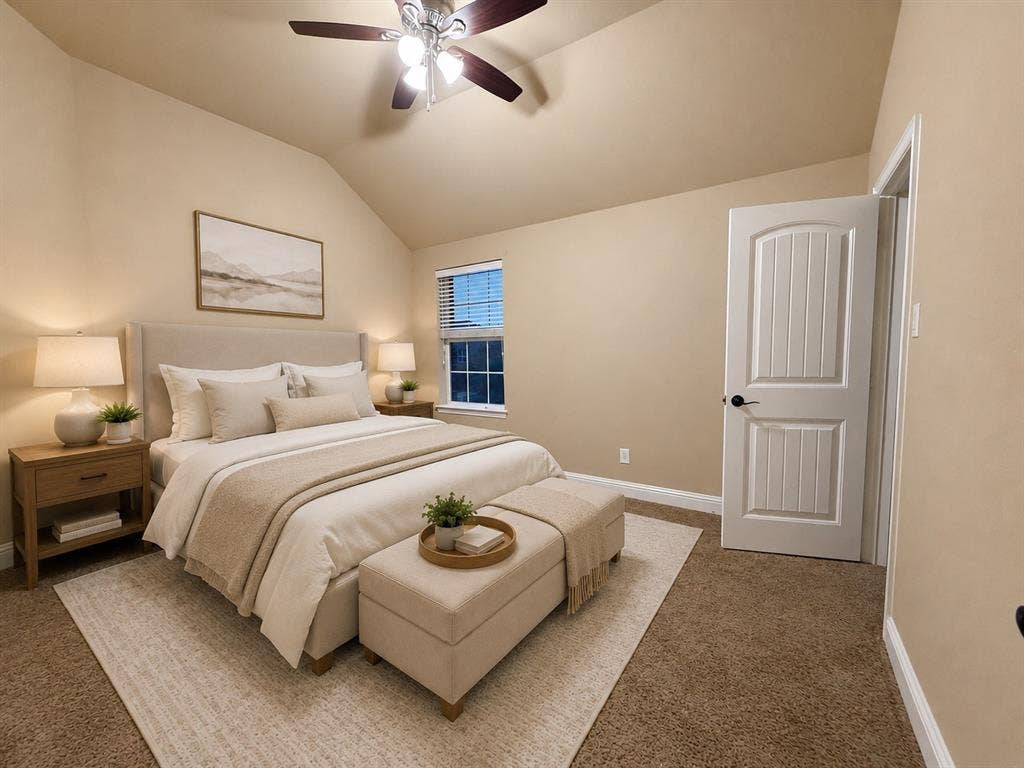 13812 Nash Lane, Frisco, TX 75035 Carpeted bedroom featuring an angled ceiling and a ceiling fan with light fixture