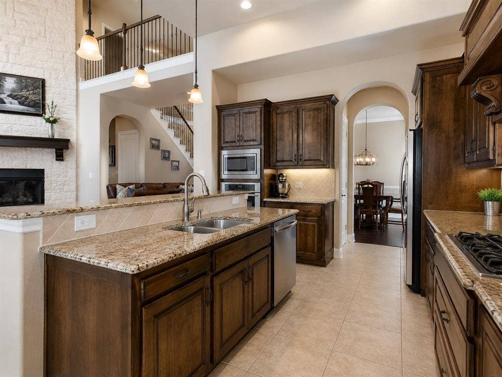 13812 Nash Lane, Frisco, TX 75035 Gourmet kitchen with wood-finish cabinetry, granite countertops, and stainless steel appliances