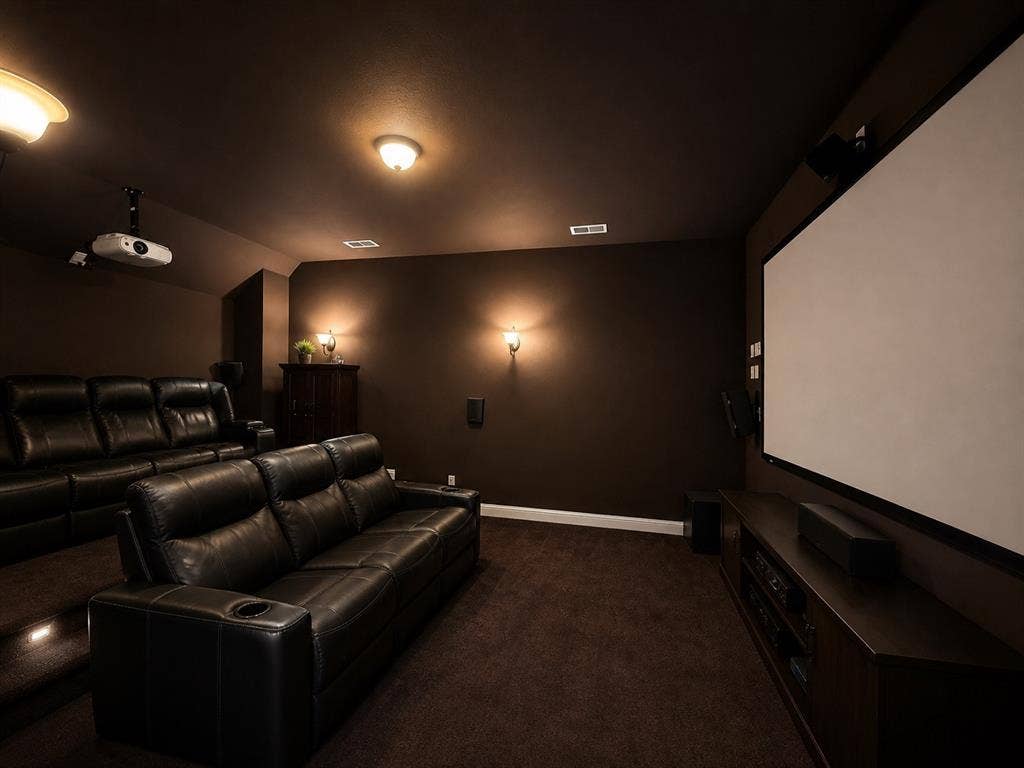13812 Nash Lane, Frisco, TX 75035 Dedicated entertainment space featuring a large projection screen, mounted projector, built-in speakers, wall sconces, and layered brown carpeting