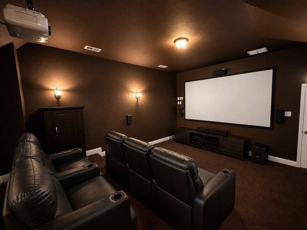 13812 Nash Lane, Frisco, TX 75035 Dedicated home theater featuring a large projection screen, dark-toned wall treatment, recessed ceiling lighting, and wall sconces