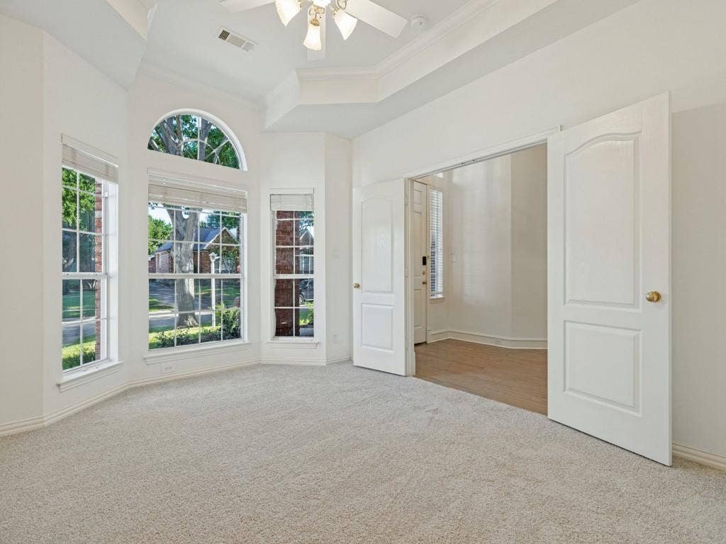 2817 Mayfair Lane, McKinney, TX 75071 Room with tray ceilings, neutral carpeting, multi-pane bay windows with an arched transom, and double-panel doors